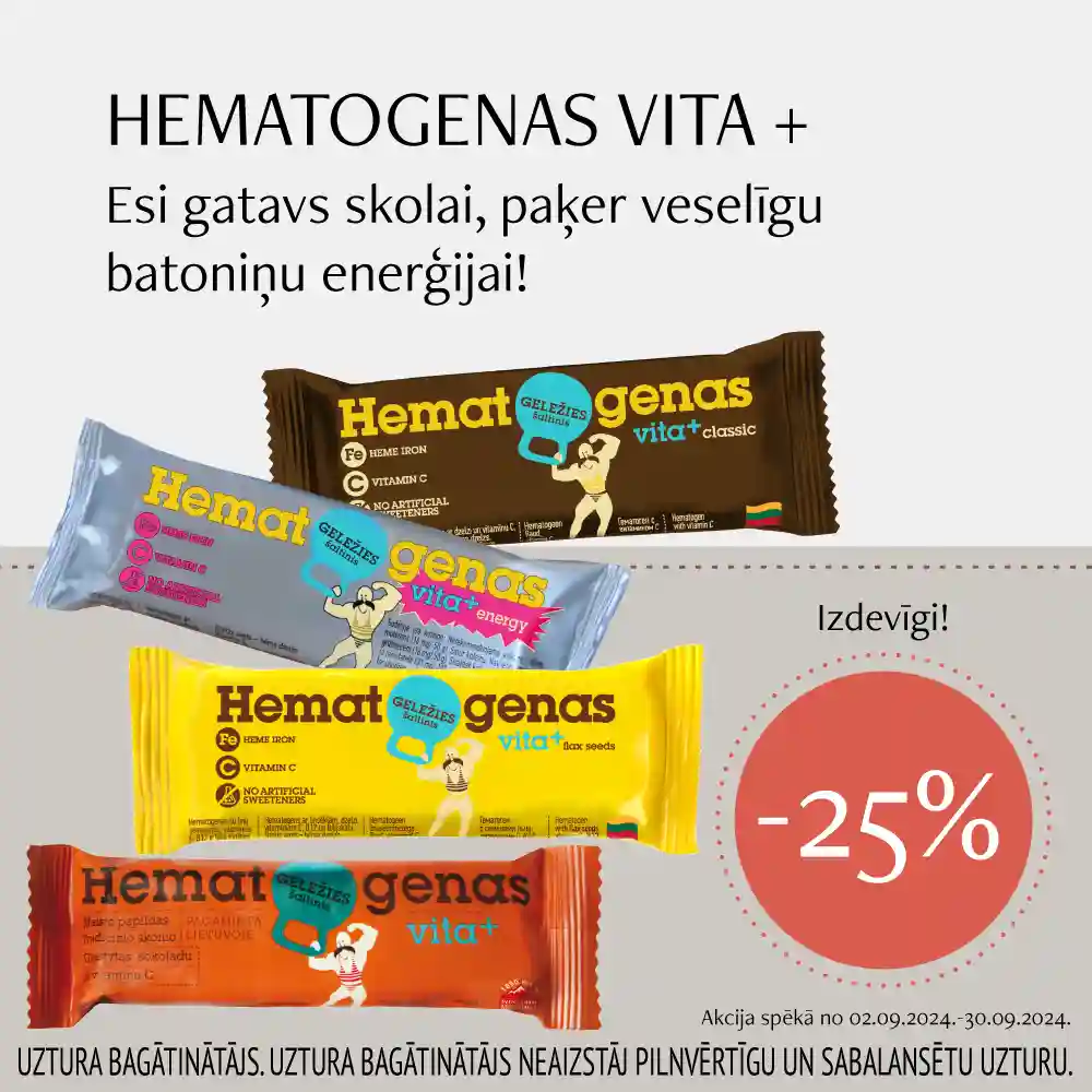 Hematogenas vita+ batoniņiem akcija -25%! Paķer līdzi uz skolu, lai ir spēks un enerģija!