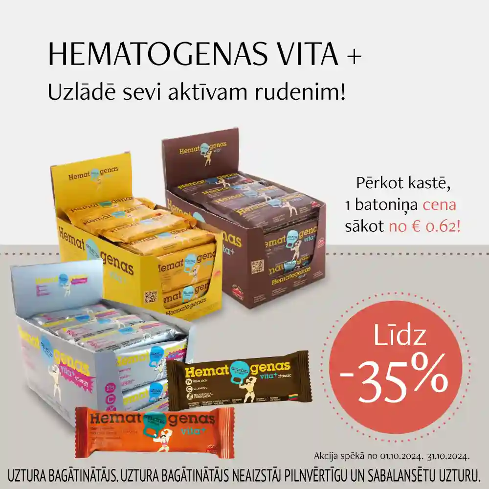 Visiem Hematogenas vita+ batoniņiem atlaide līdz -35%! Spēkā līdz 31.10.2024.