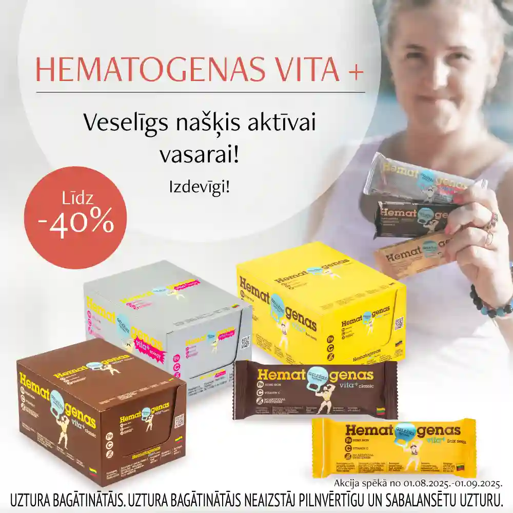 Visai HEMATOGENAS VITA+ zīmola precei atlaides! Veselīgāks našķis aktīvai vasarai ar dzelzi un C vitamīnu! Tagad ar atlaidi līdz -40%