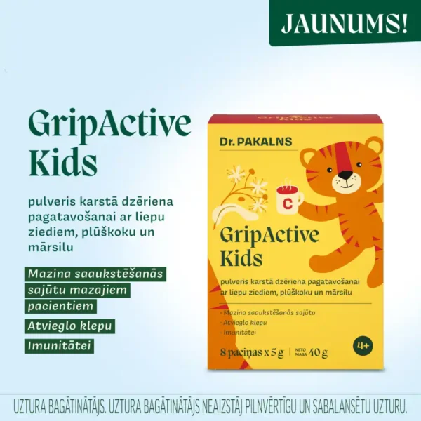 GRIPACTIVE KIDS pulveris karstā dzēriena pagatavošanai bērniem ar saldinātājiem, 8 x 5 g