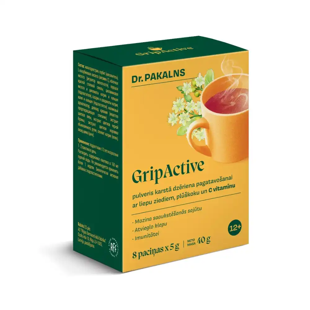 GRIPACTIVE pulveris karstā dzēriena pagatavošanai ar liepu ziediem, plūškoku, C vitamīnu un saldinātājiem, 8 x 5g