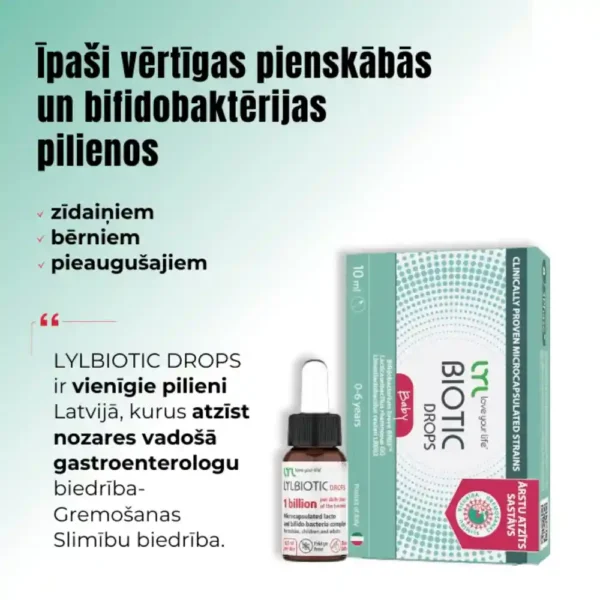 LYL BIOTIC Drops Pienskābo un bifidobaktēriju komplekss pilienos, 10 ml, apraksts