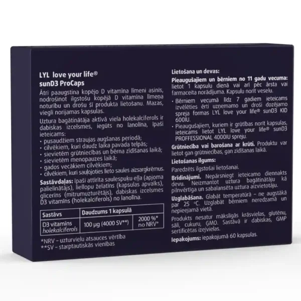 LYL sunD3 ProCaps 4000 SV augsti efektīvs D3 vitamīns, 60 kapsulas - Image 2