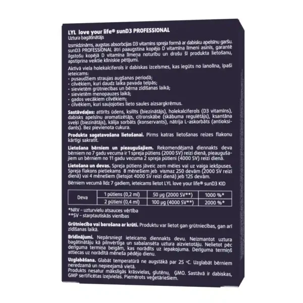 LYL sunD3 Professional 4000 SV | 2 000 SV D vitamīna sprejs, 50ml - Image 2