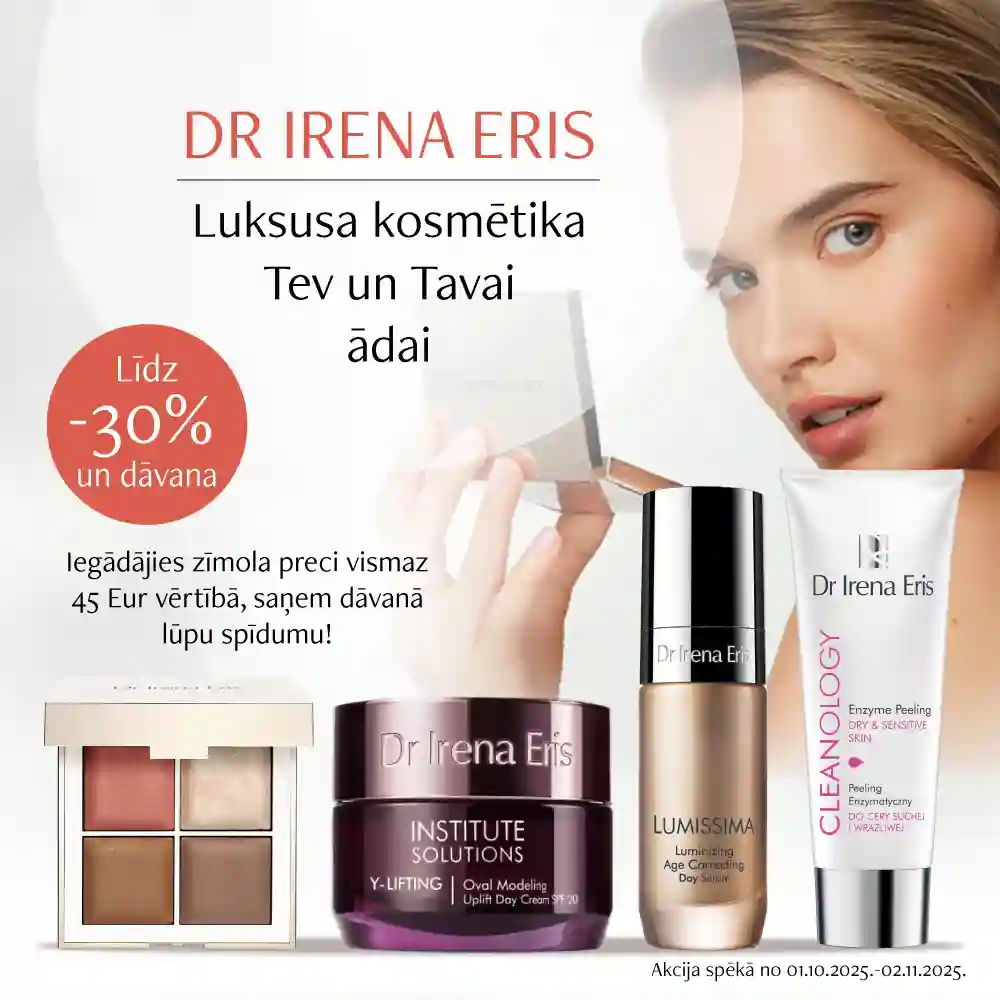 Īpaša akcija Dr.IRENA ERIS kosmētikai! Atlaides līdz -30% un vēl dāvana! Iegādājies preces vismaz 45 Eur vērtībā, un saņem dāvanā lūpu spīdumu!
