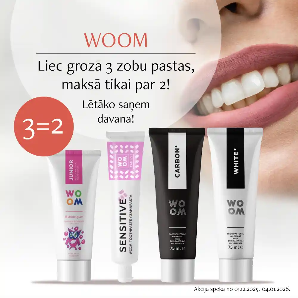 Liec grozā jebkuras 3 Woom zobu pastas, lētāko saņem dāvanā! Pērc 3, bet maksā tikai par 2!