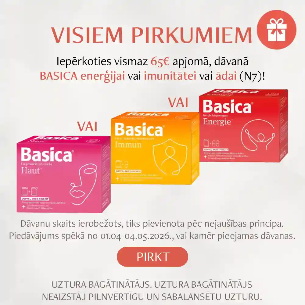 Iegādājies preces vismaz 65 eur apjomā, saņem dāvanā Basica vitamīnus (iepakojums ar 7 paciņām)!